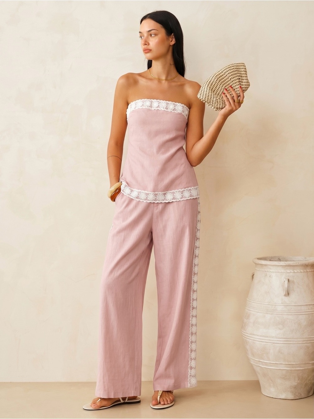 Commense Strapless Pink Wide-Leg Jumpsuit with White Lace Trim